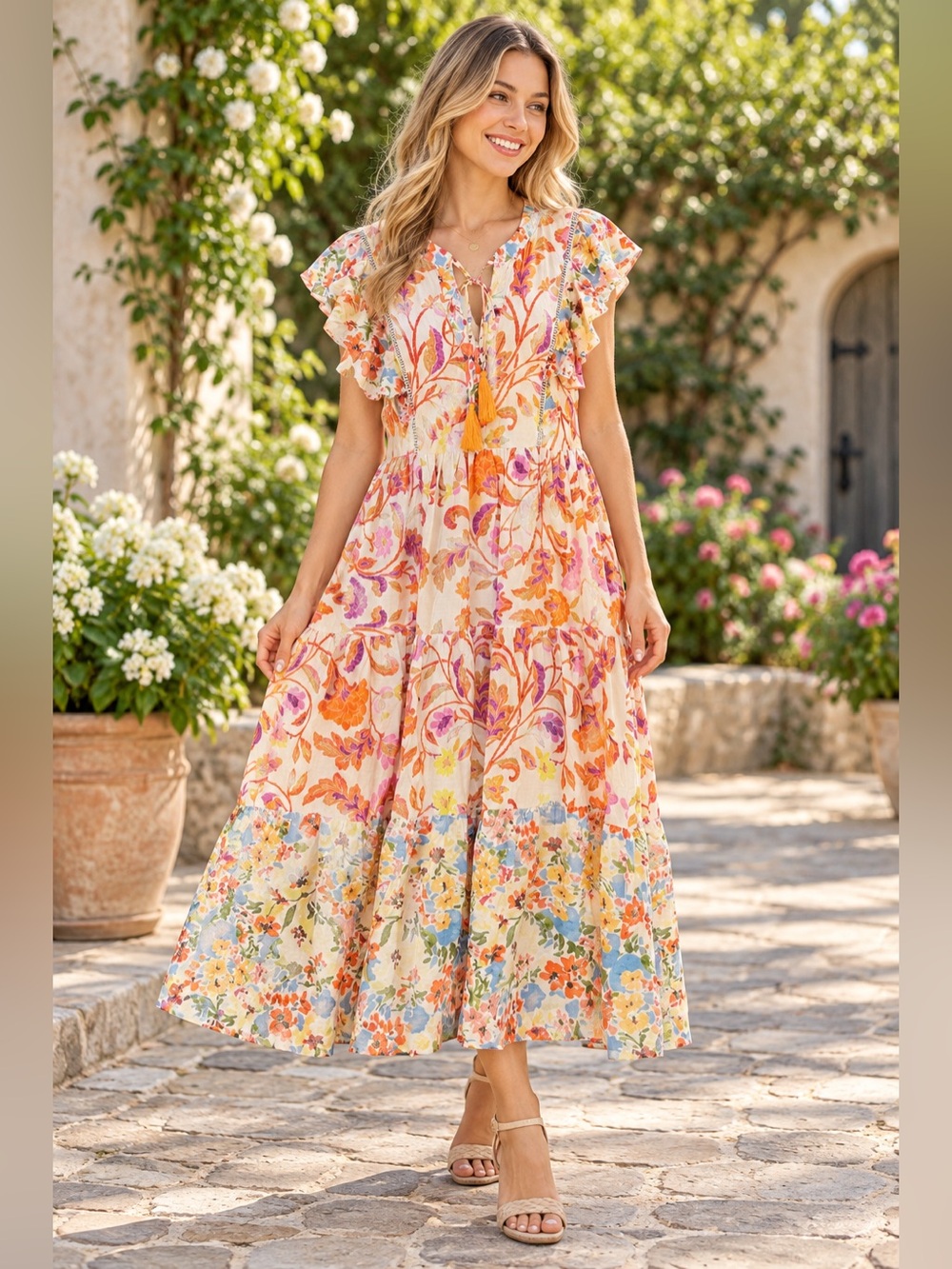 Umgee Cream Maxi Dress with Orange and Pink Floral Print